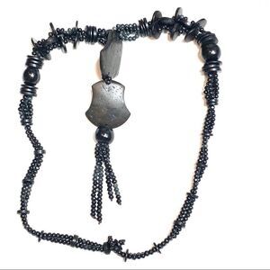 Black wood -coconut-long beaded tassel necklace